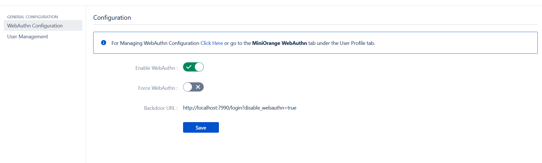 The plugin provides an option to easily enable disable and register the WebAuthn method.